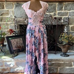 Free People Pink and Blue Floral Lace Dress/Romper